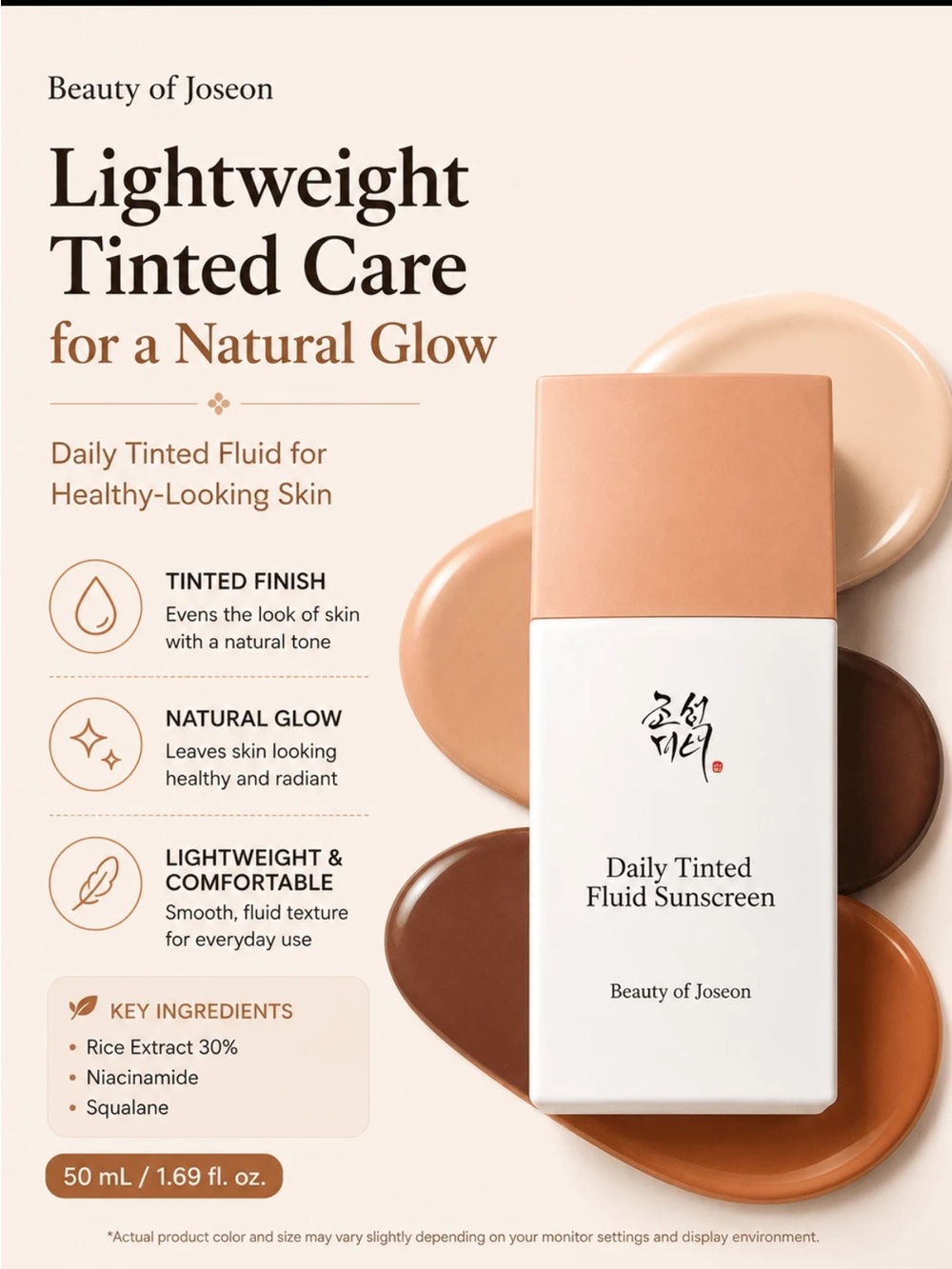BEAUTY OF JOSEON DAILY TINTED FLUID SUNSCREEN SPF30 PA+++ 50ML (MY210 and MY220)